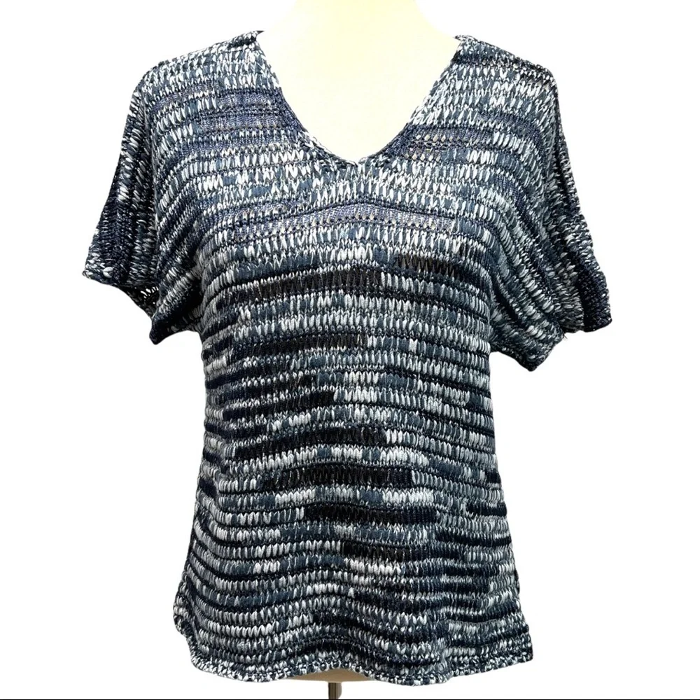 Eileen Fisher Cotton Blend Open Weave V Neck Short Sleeve Sweater Top